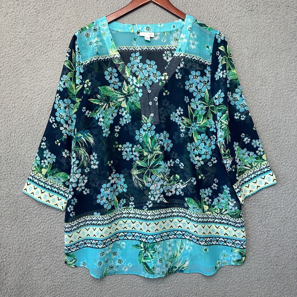 J Jill Top Large Tunic Blouse Floral Semi Sheer Button V Neck 3/4 Sleeve Casual
